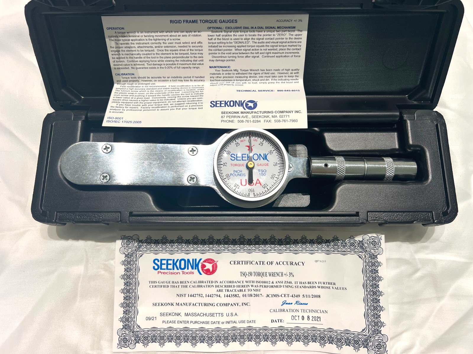 Seekonk TSQ-150 Rigid Frame Dial Torque Wrench 3/8" 0-150 in-lbs w/ Case & NIST gallery