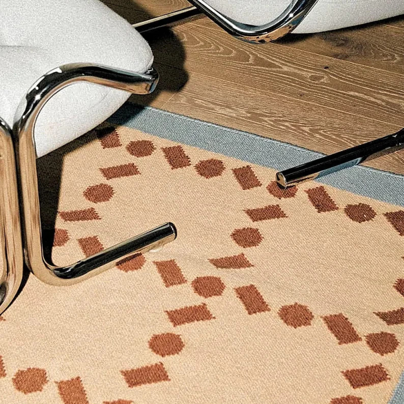 Scandinavian Blue Beige Rust Wool Area Rug - Geometric Handwoven Modern Rug gallery
