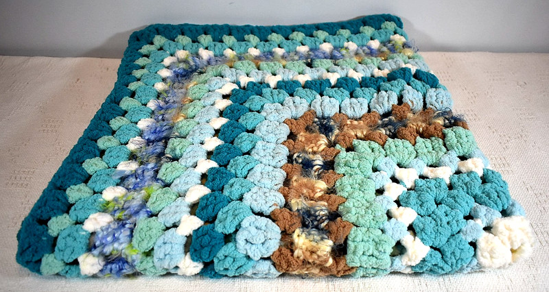 Handcrafted, Crocheted Square Afghan, Chunky Blue Brown, White & Teal- 44" x 42" gallery