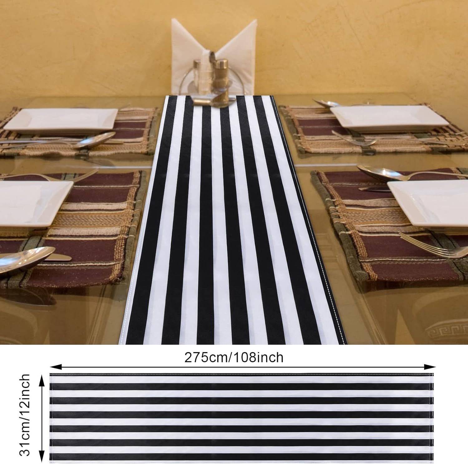 2 Pcs Black and White Striped Table Runner 12 x 108'' Polyester Tablecloth Moder gallery