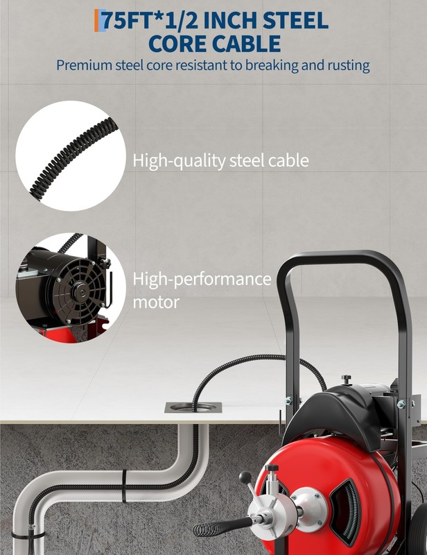 Drain Cleaner Machine, Heavy Duty Auger with 75FT Steel Core Cable, Portable ... gallery
