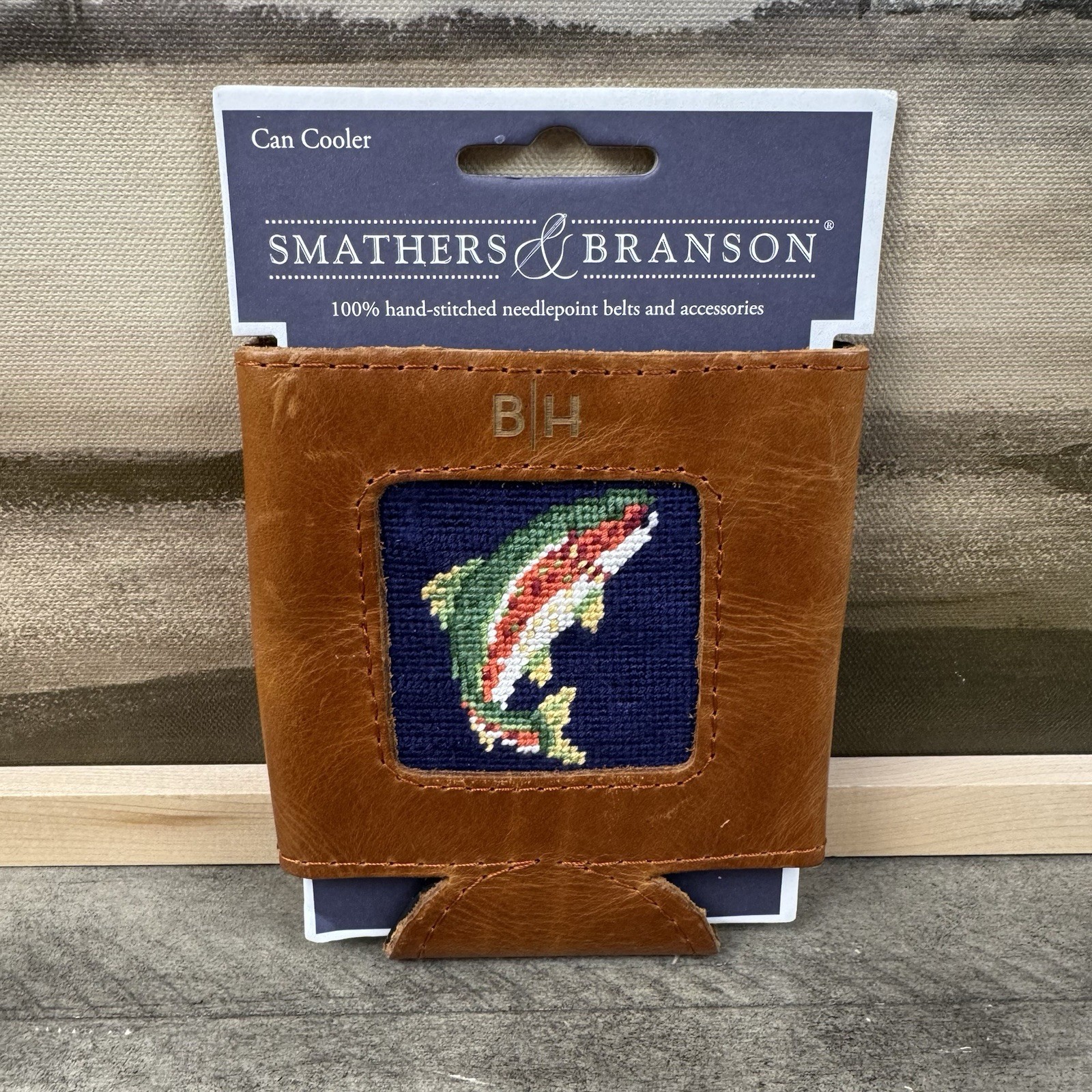 Mark & Graham Smathers & Branson Leather Needlepoint Can Cooler Trout “BH” Read gallery