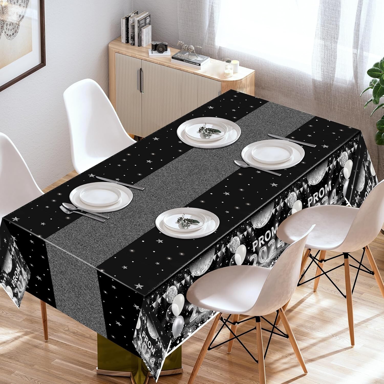 Prom 2024 Graduation Tablecloths Black/Silver (108"×54") (Pack of 12) gallery