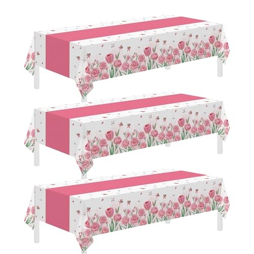 Pack Pink Tablecloth, Disposable Floral Tulip Tablecloth, 3 Pink Mothers Day gallery