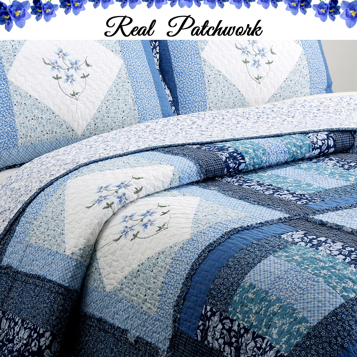 Moyle Blue Real Patchwork 100%Cotton 3-Piece Quilt Set, Bedspread, Coverlet gallery