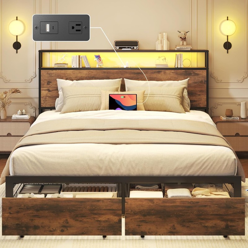 Full Queen Size Metal Platform Bed Frame with 2 Storage Drawers ＆Charging,LED,LP gallery