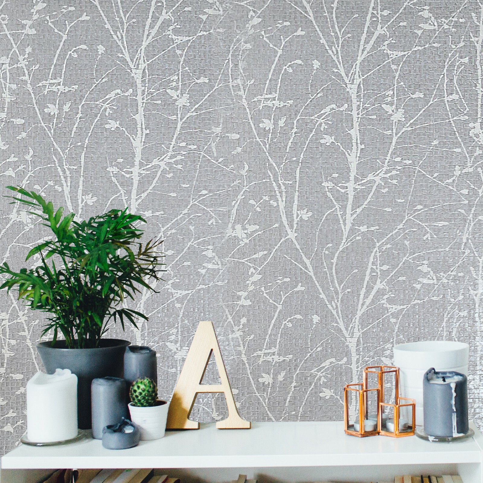 Cream gray silver metallic square tiles textured floral branches Wallpaper rolls gallery