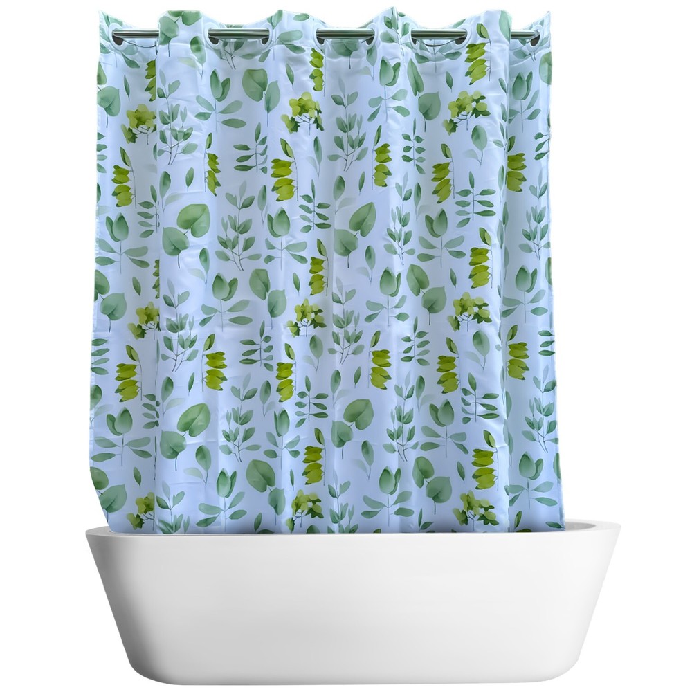 No Hook Needed Botanical Shower Curtain with Snap-In Liner Washable Waterproof