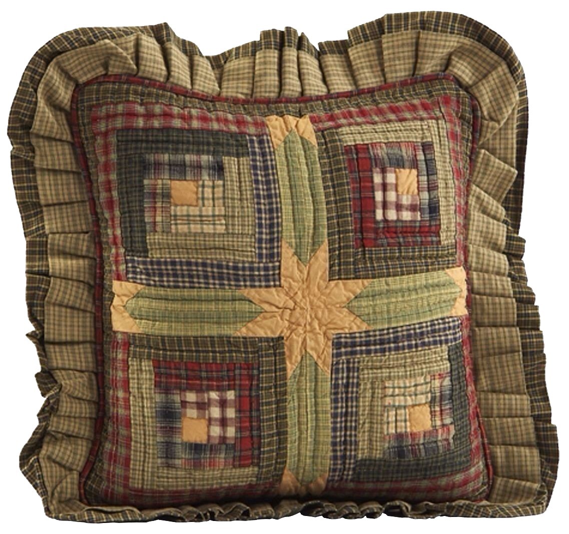 Tea Cabin Hand Quilted Patchwork Pillow Country Green Red Yellow 16" Filled gallery
