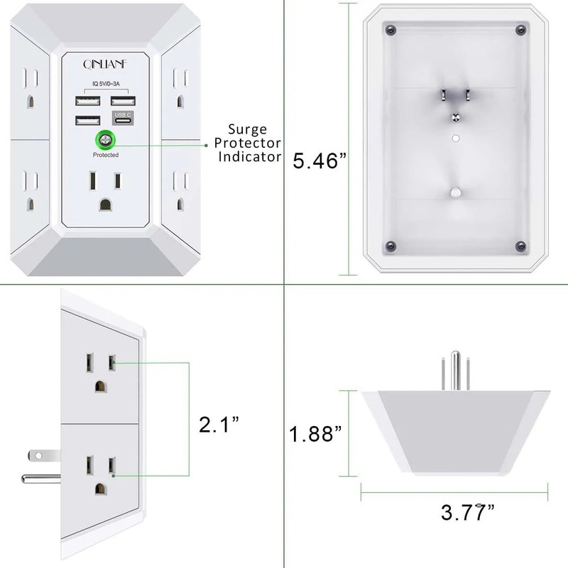 5 Outlet Extender Surge Protector with 4 USB Ports 1680J Wall Charger Multi Plug gallery