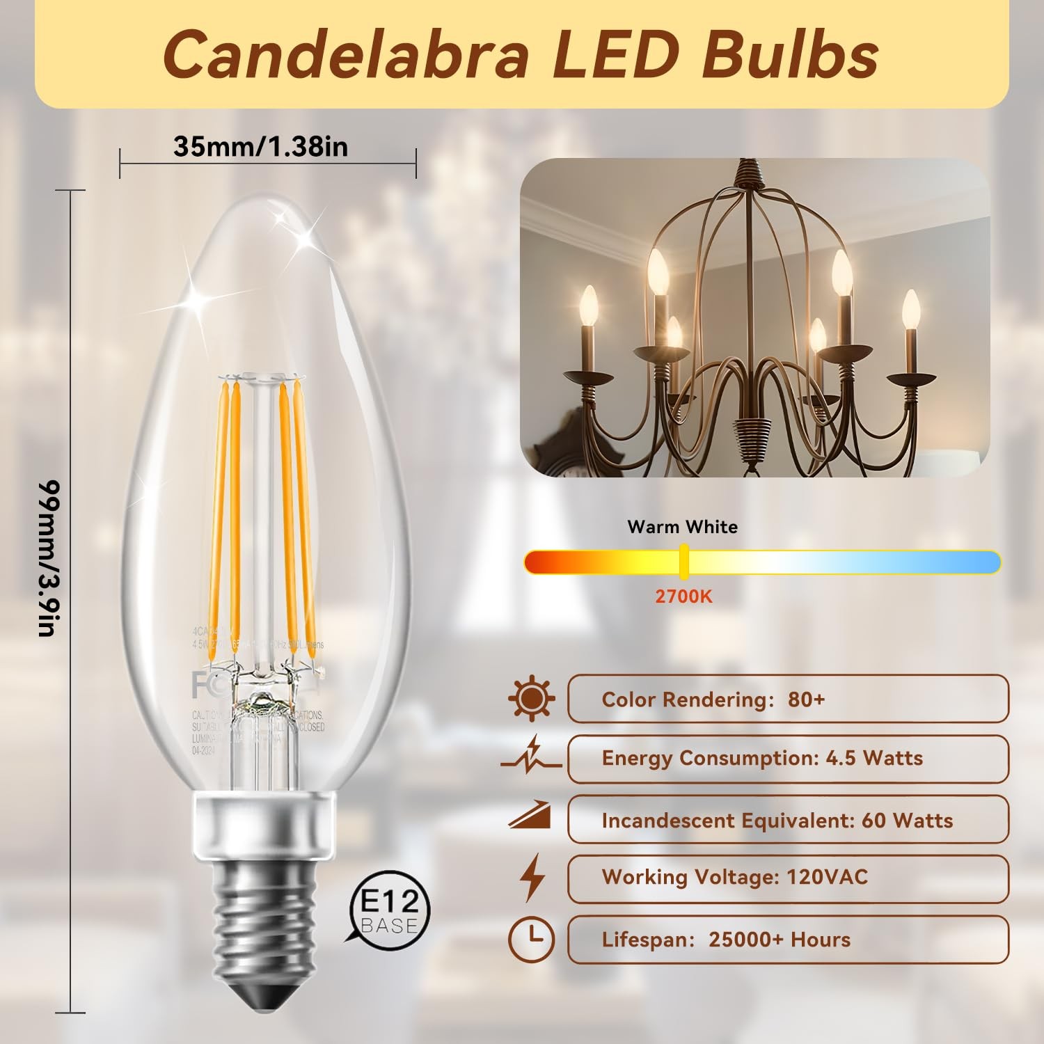 TJOY LED Candelabra Bulbs Dimmable, 60W Equivalent Chandelier Light Bulb, E12 gallery