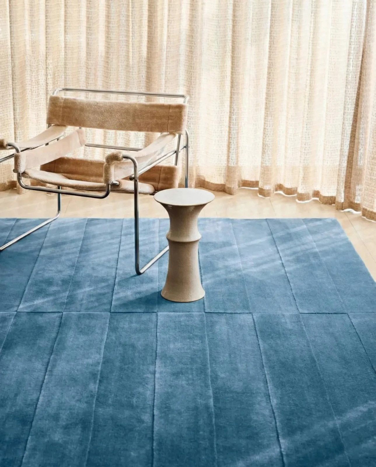 Hand Tufted Wool Rug Solid Sky Blue Stripped High low pile Area Rug living room gallery