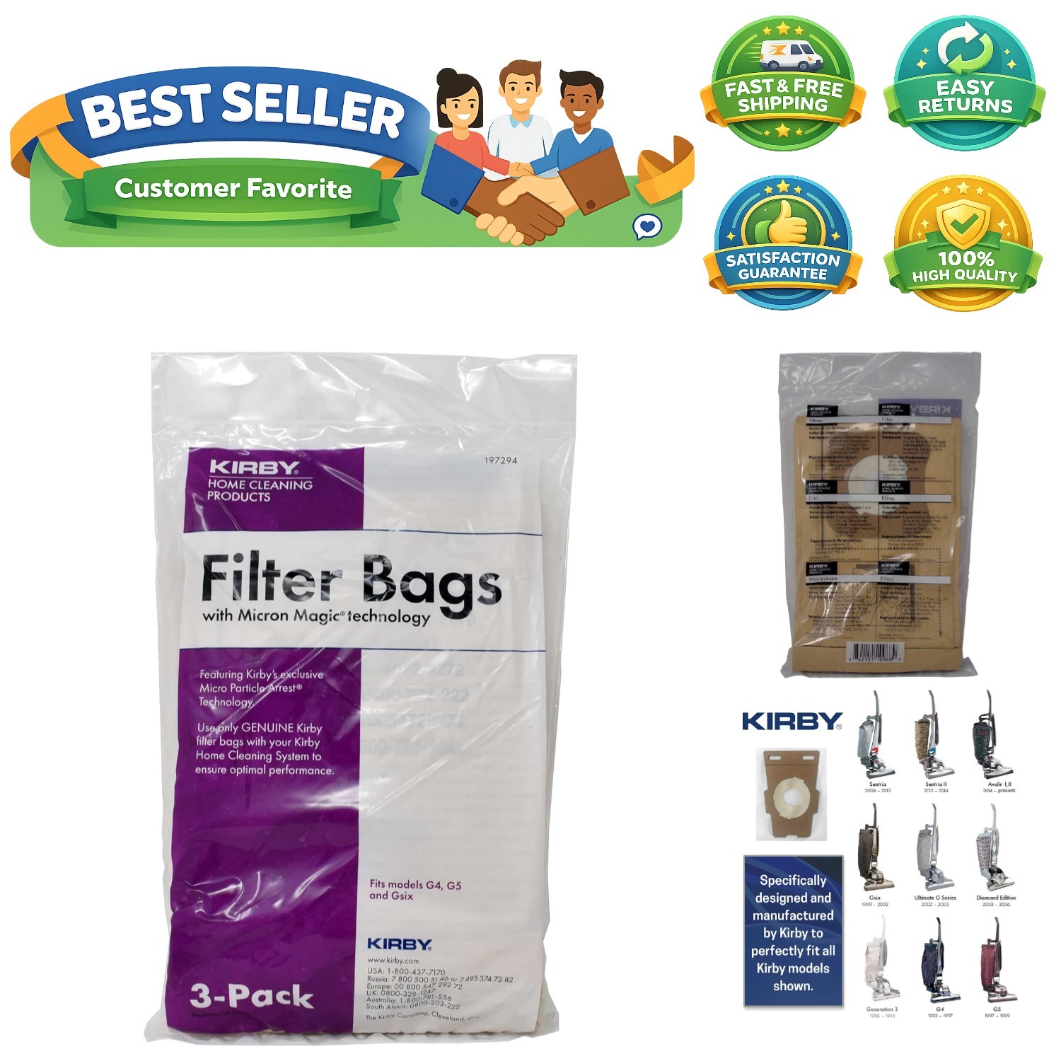 High-Capacity Kirby Vacuum Bags - 3-Pack Micron Magic Filtration for G3, G4, G5 gallery