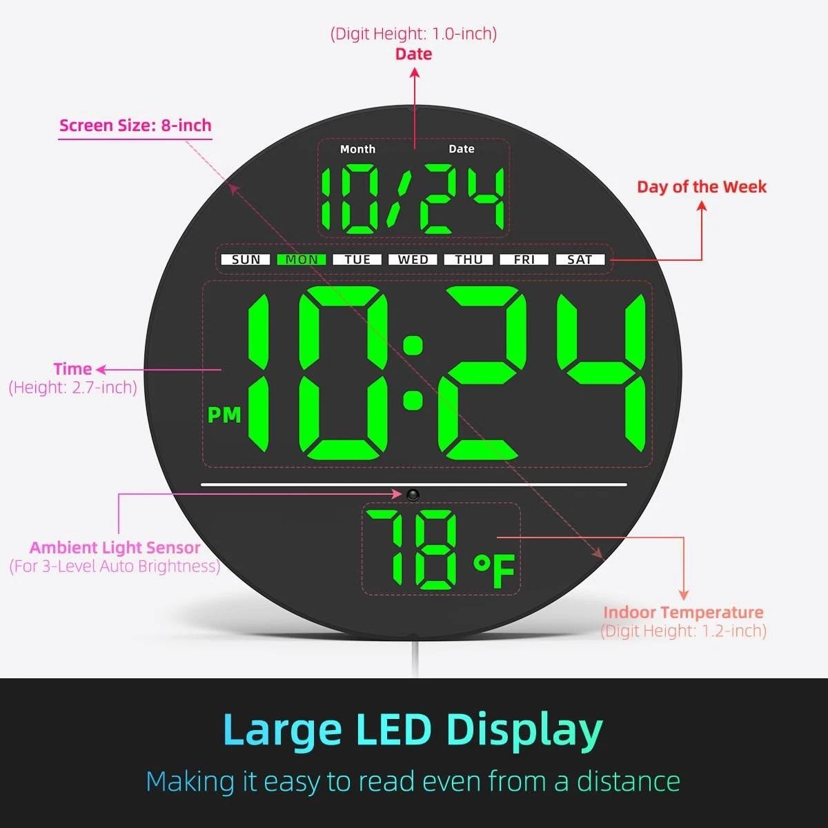 Digital Wall Clock with Large LED Display, Date, Temperature, Auto-brightnes wbr gallery