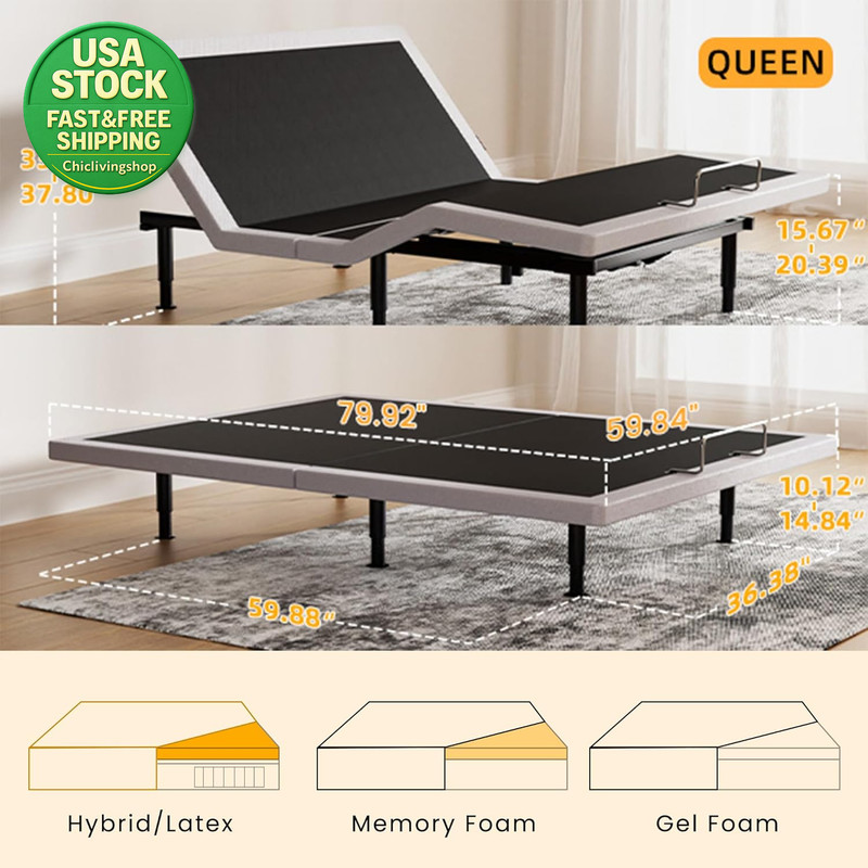 Electric Queen Adjustable Bed Frame Wireless Remote Head Foot Incline USB Light gallery