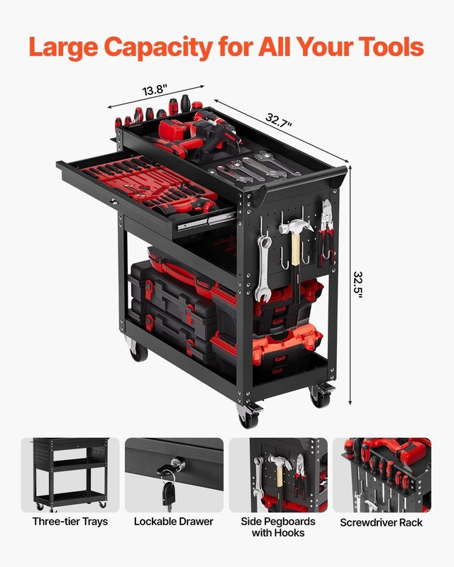 350lb 4-Tier Assembled Tool Cart w/ Locking Drawer Pegboard Black gallery
