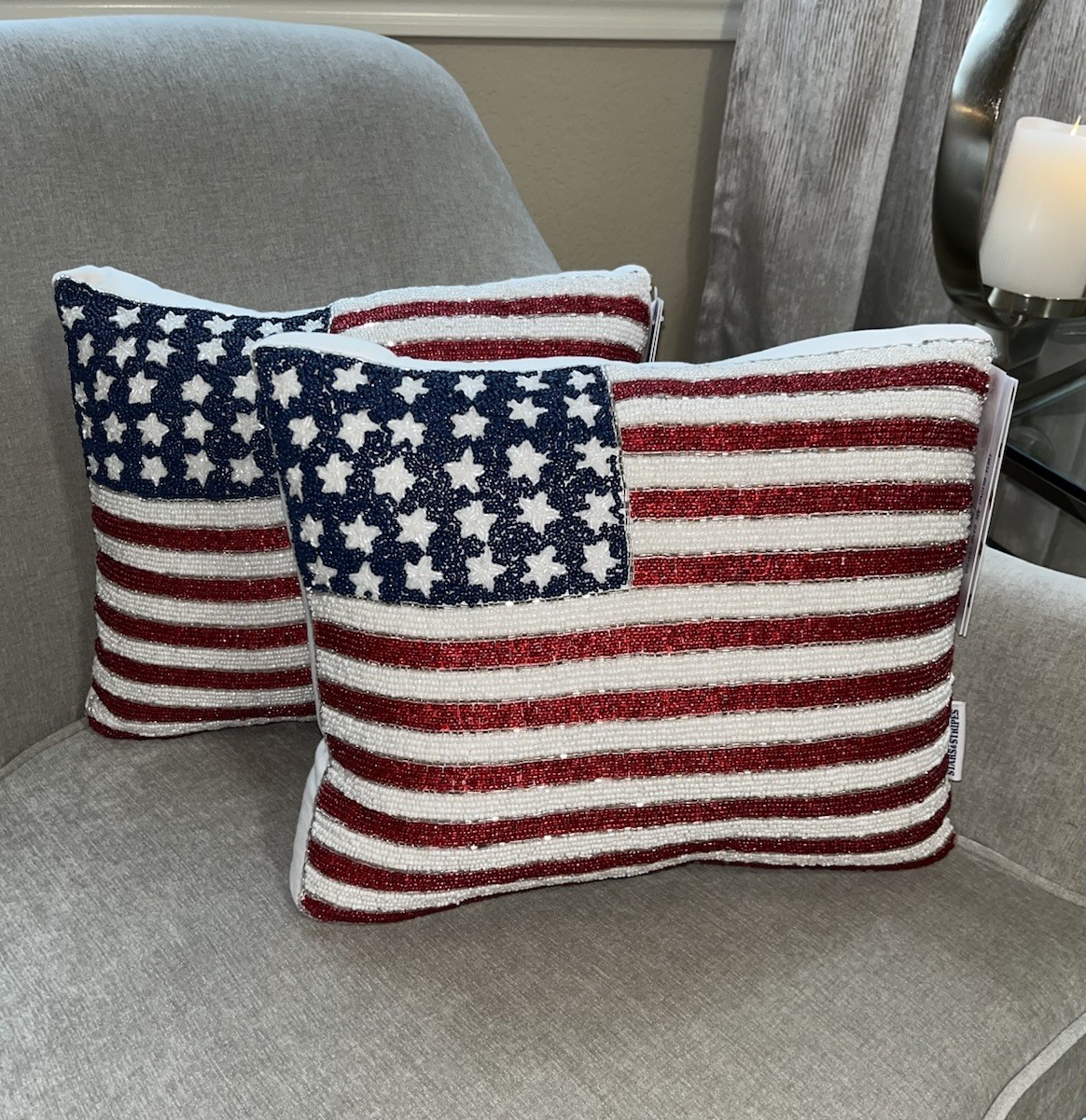 2- Stars & Stripes Handmade Beaded USA Flag Pillow 12x15 Americana Decor New gallery