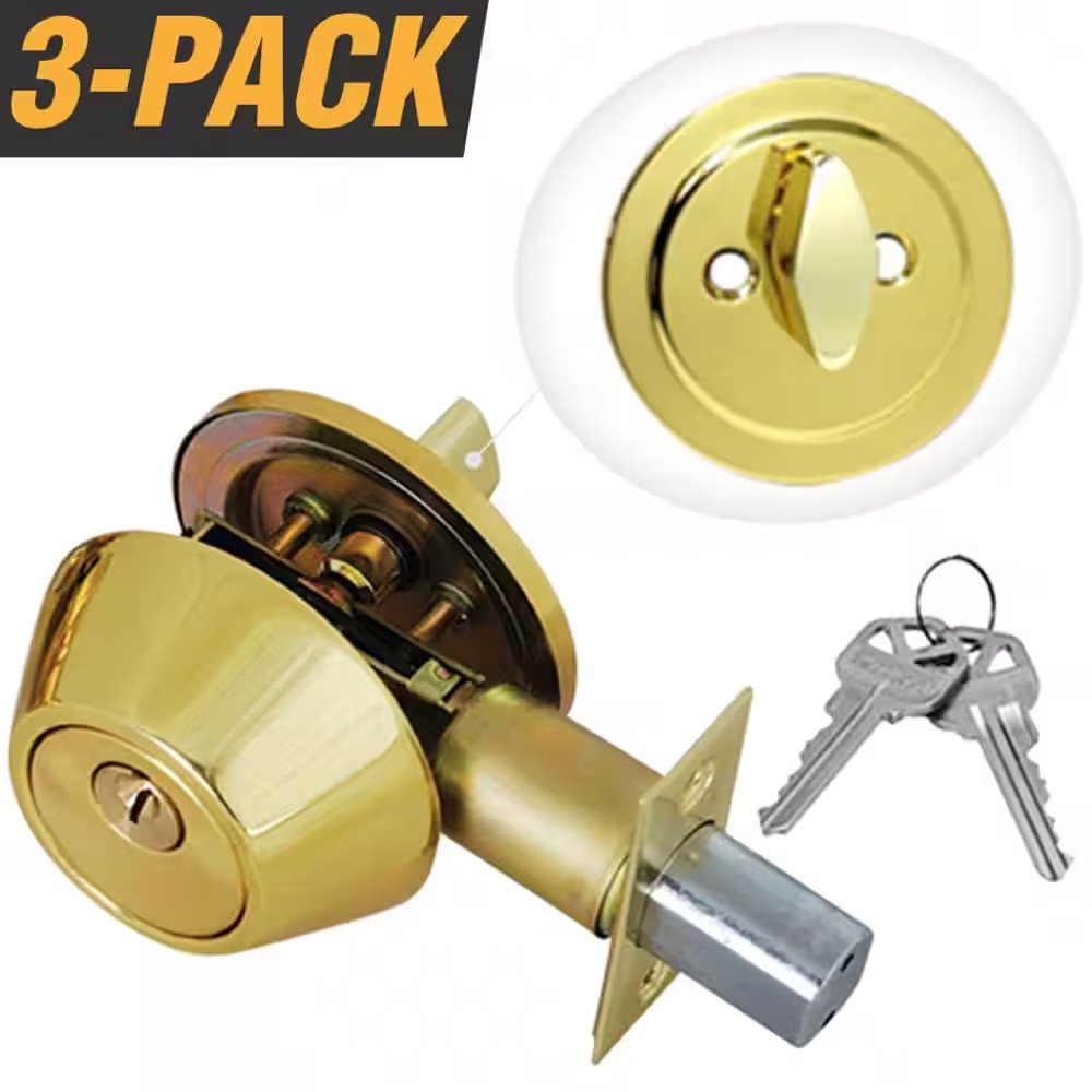 Solid Brass Entry Door Lock Single Cylinder Deadbolt with 6 KW1 Keys (3-Pack, Ke gallery