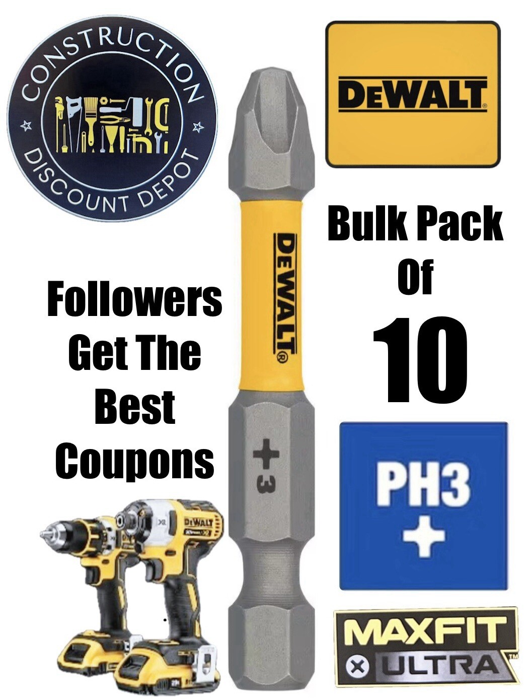 Bulk 10 Pack Dewalt Maxfit Ultra Bit Phillips #3 PH3 2in. IMPACT READY 2" gallery