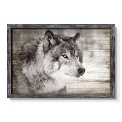 Wolf Framed Wall Art Decor: Modern Wild Animal Wooden Painting Rustic Natural…