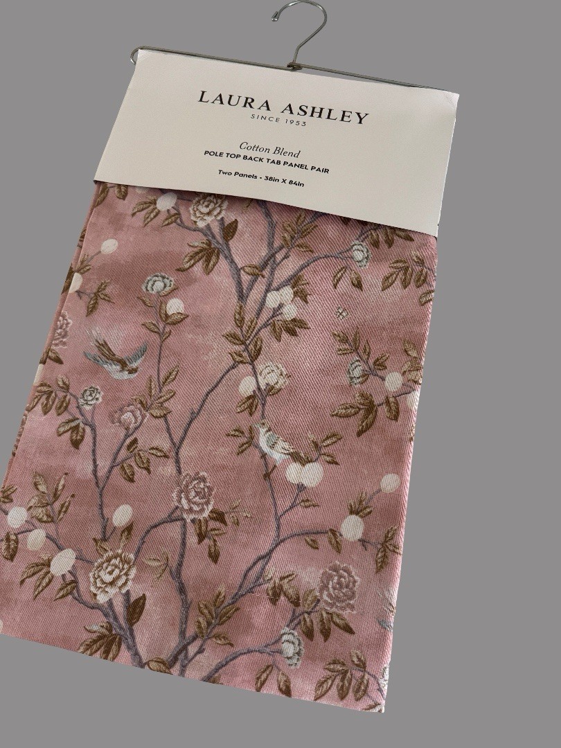 NIP Laura Ashley Window Curtains 2 Panels 38 x 84 Birds Rose Pink Brown Back Tab gallery