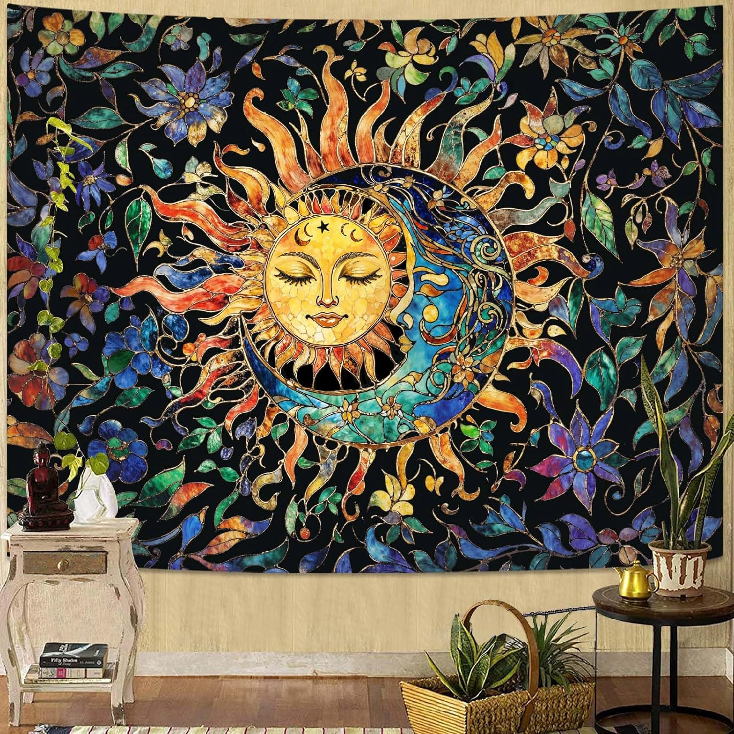 Sun and Moon Tapestry for Bedroom Boho Hippie Floral Wall Tapestry Aesthetic Vin gallery
