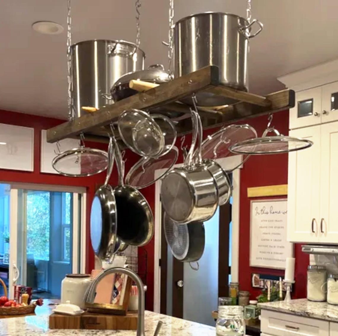 Farmhouse Kitchen Island Pot Rack Ladder - Walnut Stained Wooden Rack gallery