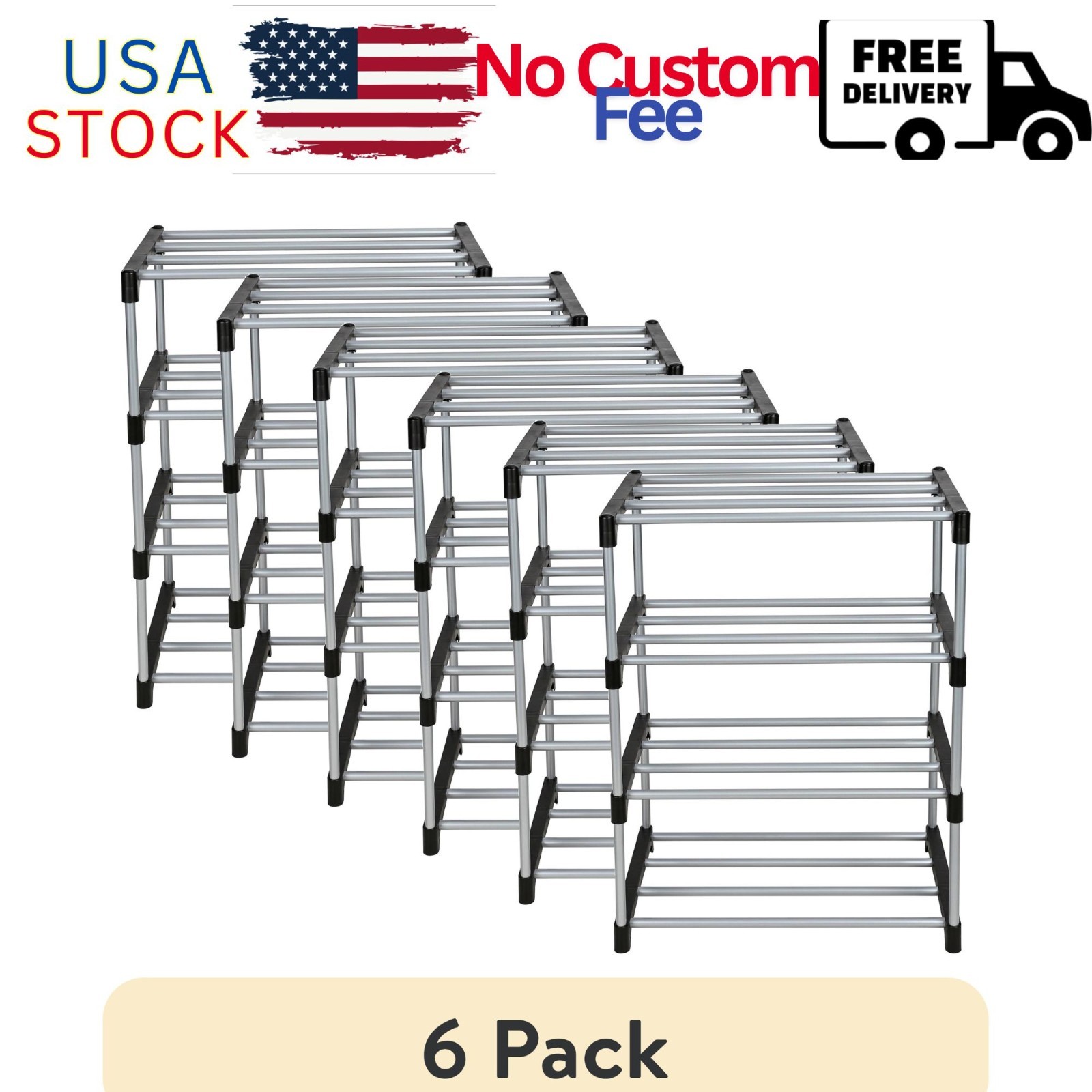 (6 pack) 4 Tier Shoe Rack, Black and Silver, 8 Pairs of Shoes, Metal Tubes & .. gallery