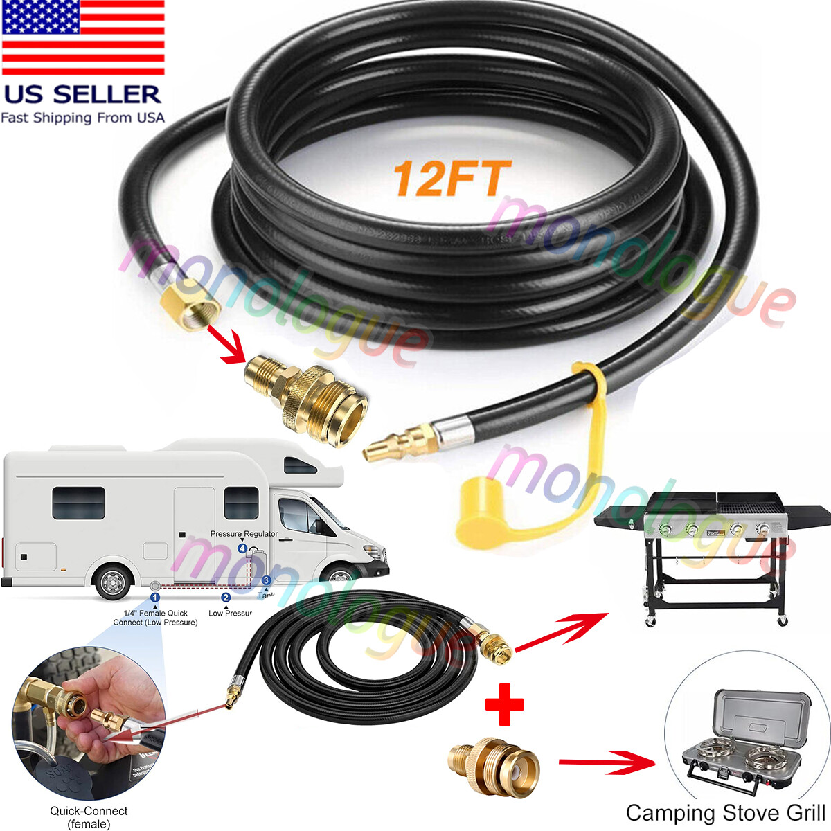 12 FT Propane Quick Connect Hose for RV to Gas Grill, Converter Replacement gallery