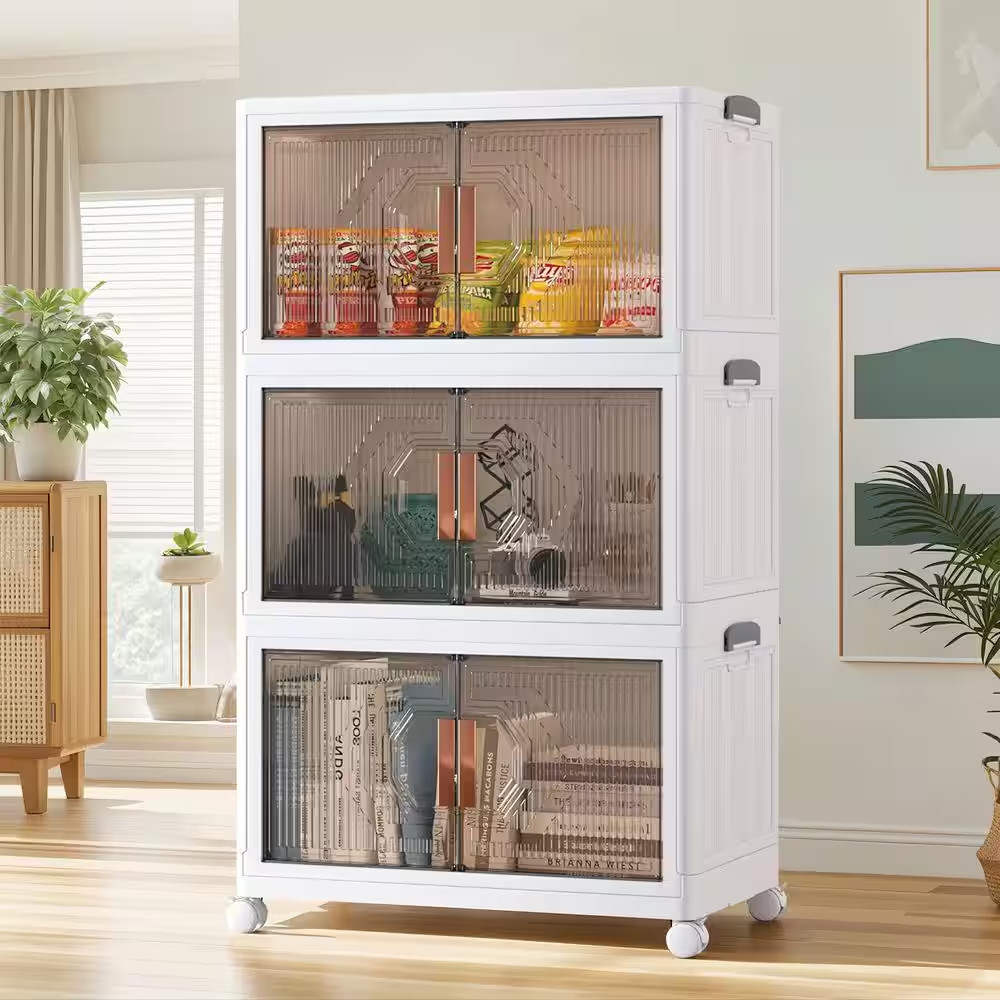 3-Tier Foldable Stackable Accent Storage Cabinet with Wheels, White 16 Gallon Pl gallery