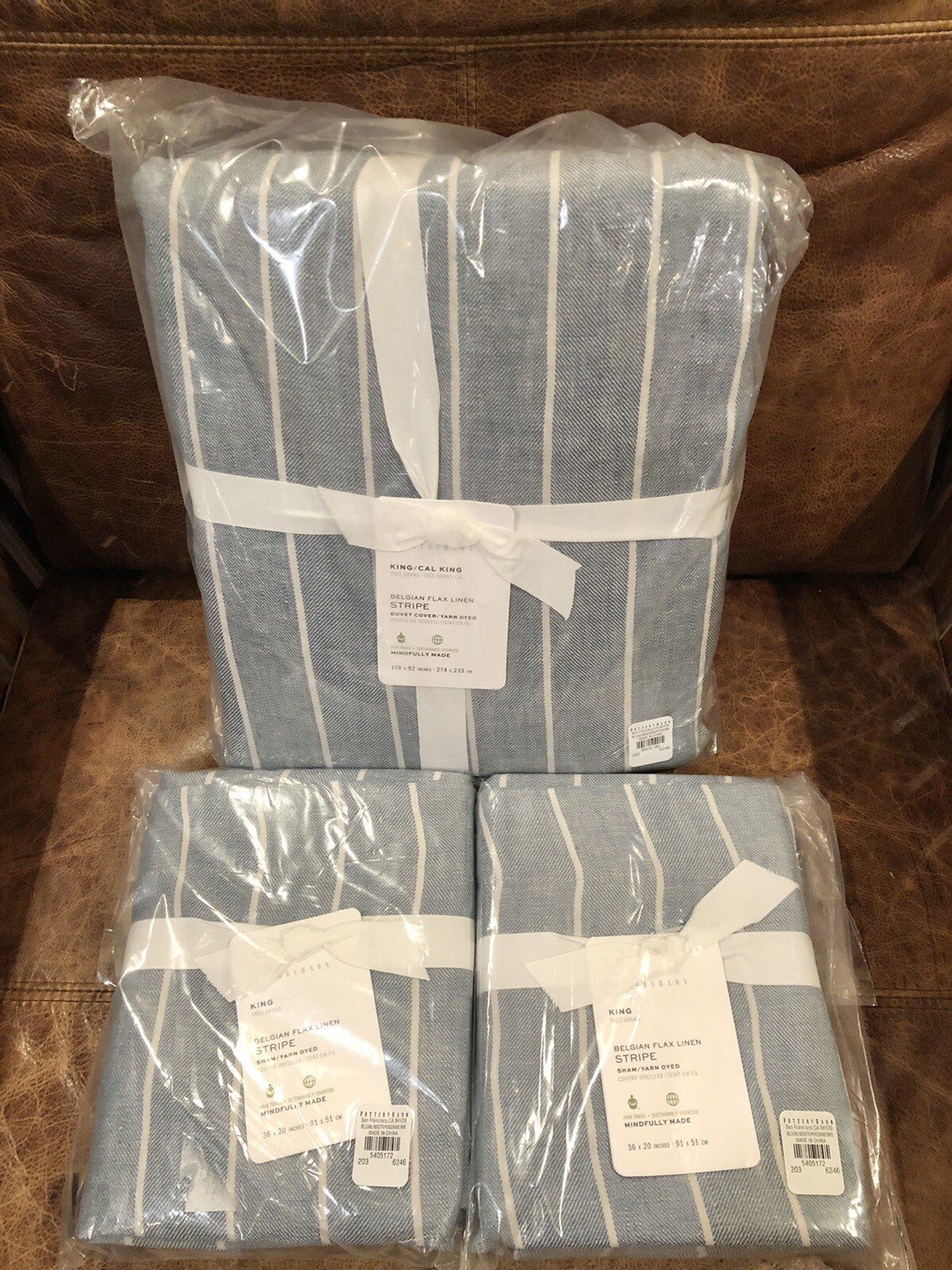 Pottery Barn Chambray Blue Striped Belgian Flax Linen King Duvet Cover & Shams gallery