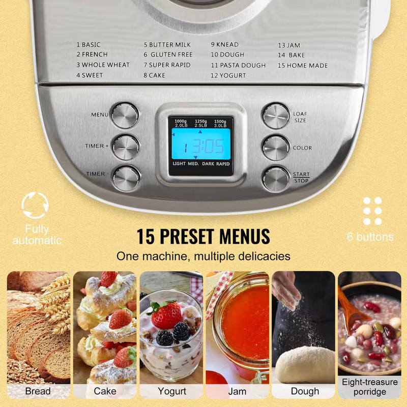 15-In-1 3LB Bread Maker, Programmable Digital Bread Machine, 3-Loaf Sizes, 3-Cru gallery