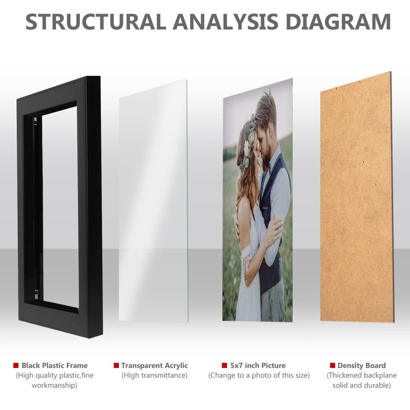 PECULA 2-Pack 5x7 Picture Frames Black Plastic with Clear Plexiglass gallery