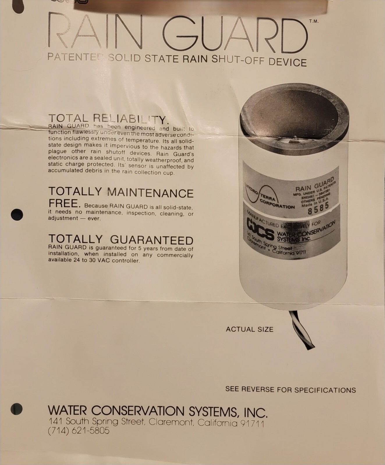 WCS / WATER CONSERVATION SYSTEMS RAIN GUARD, Rain Sensor(for sprinkler systems) gallery