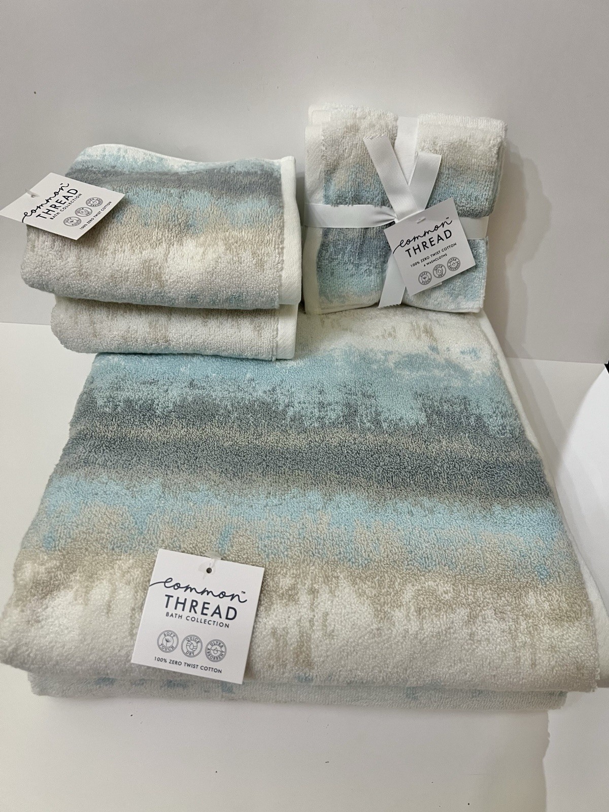 Common Thread 2 Bath 2 Hand 4 Washcloth Towels Abstract Ombre Blue Beige White gallery
