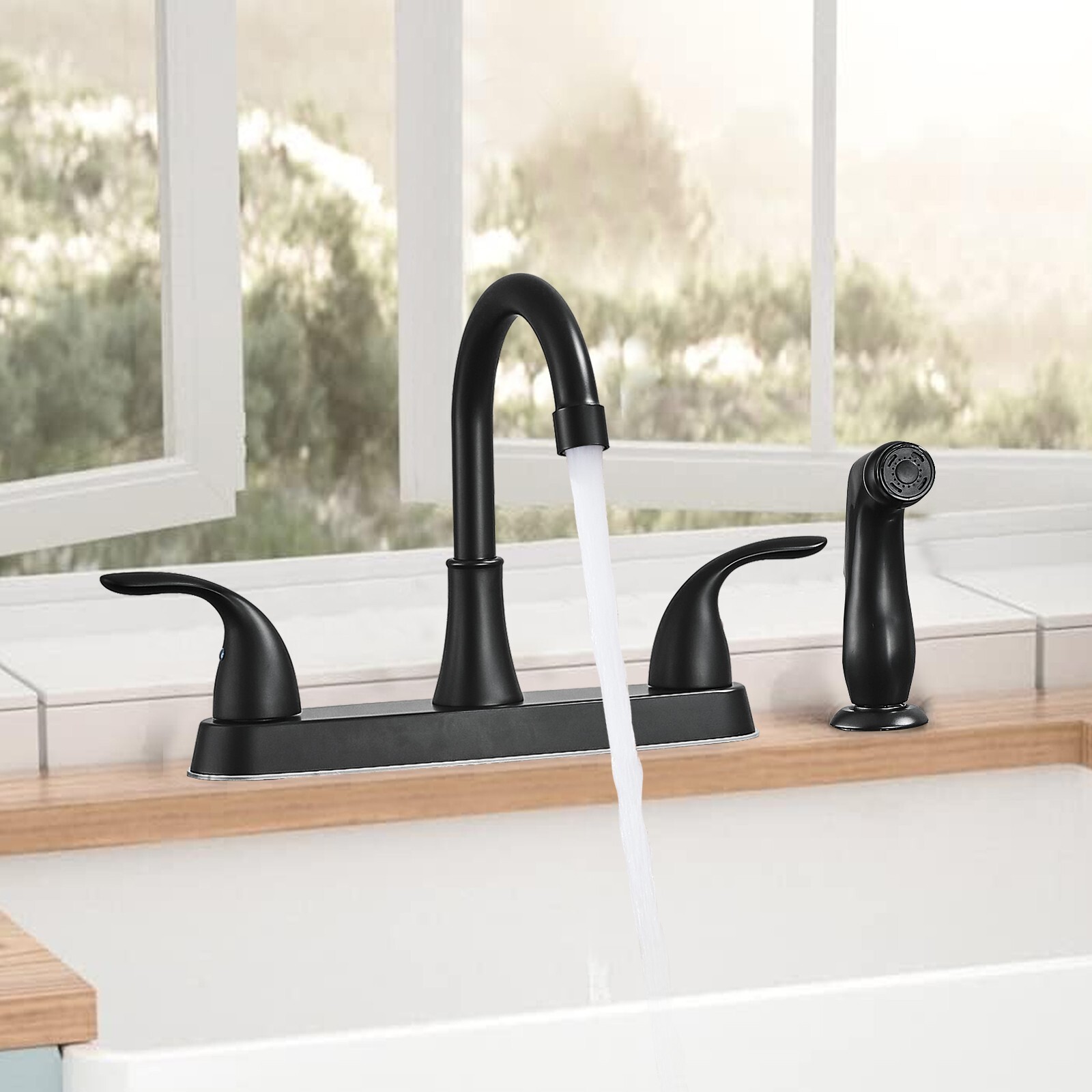 Matte Black Kitchen Faucet 2-Handle 4 Hole Sink Mixer Faucet with Side Sprayer gallery