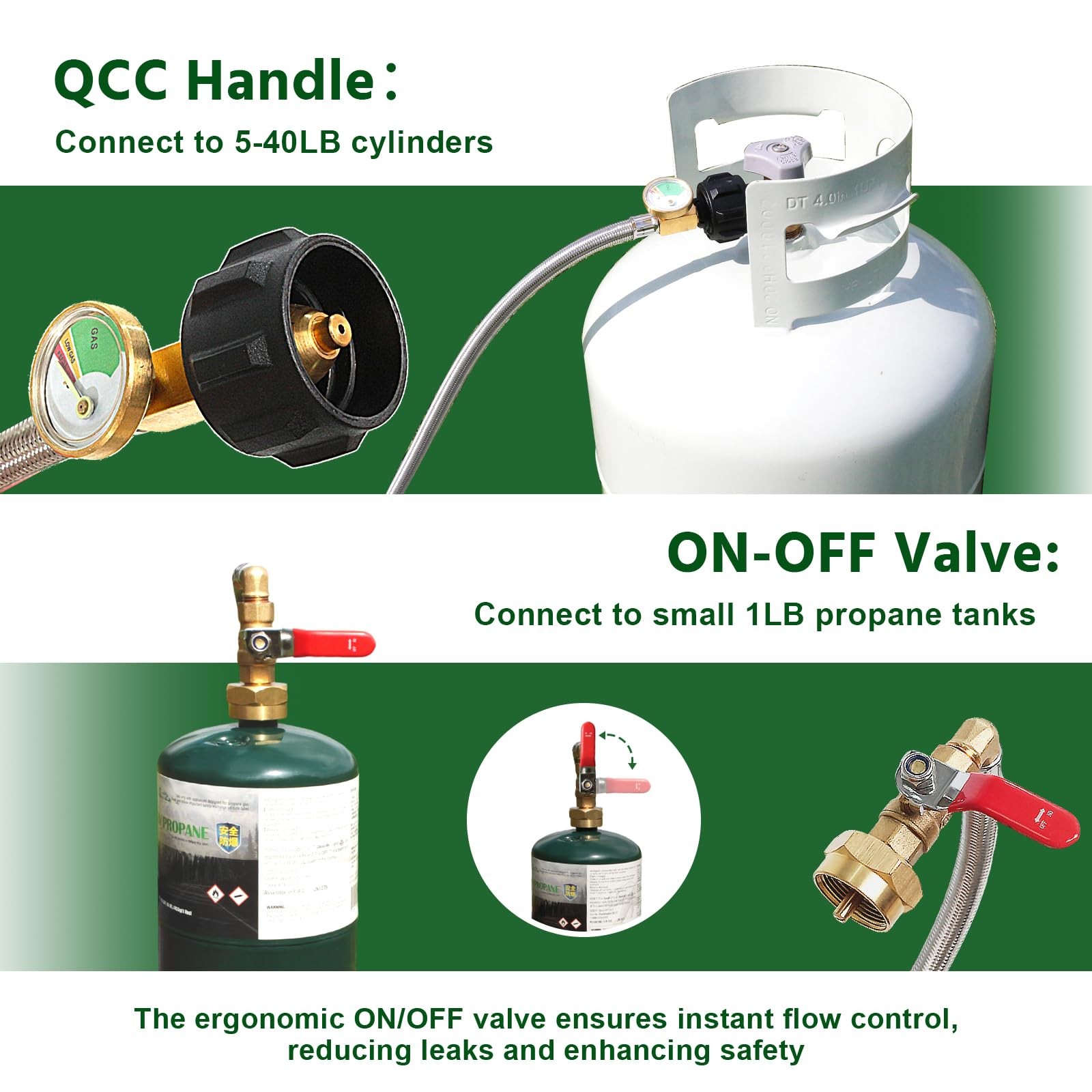3FT Propane Refill Adapter Hose, 1 lb Tank, Gauge, On/Off Valve, 20lb to 1lb gallery