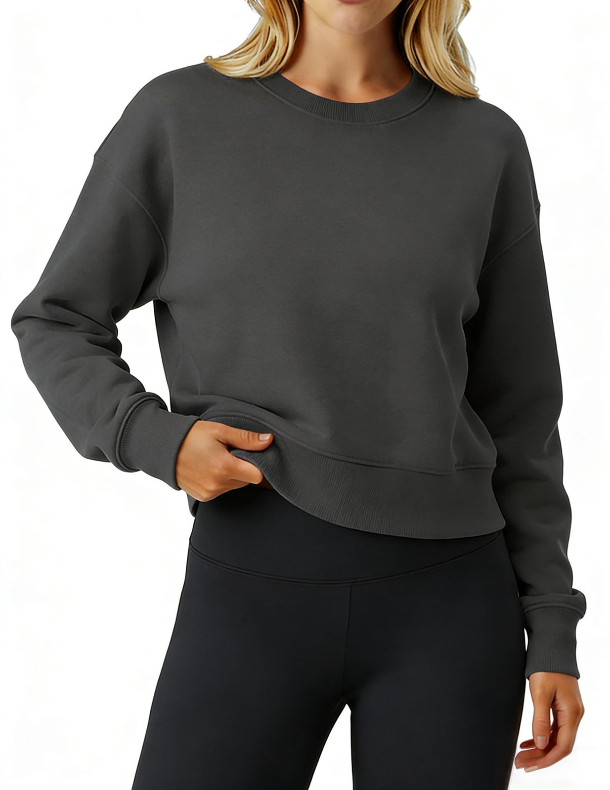 MAPICK Womens Cropped Sweatshirt Oversized Crewneck Cotton Long Sleeve Boxy Crop gallery