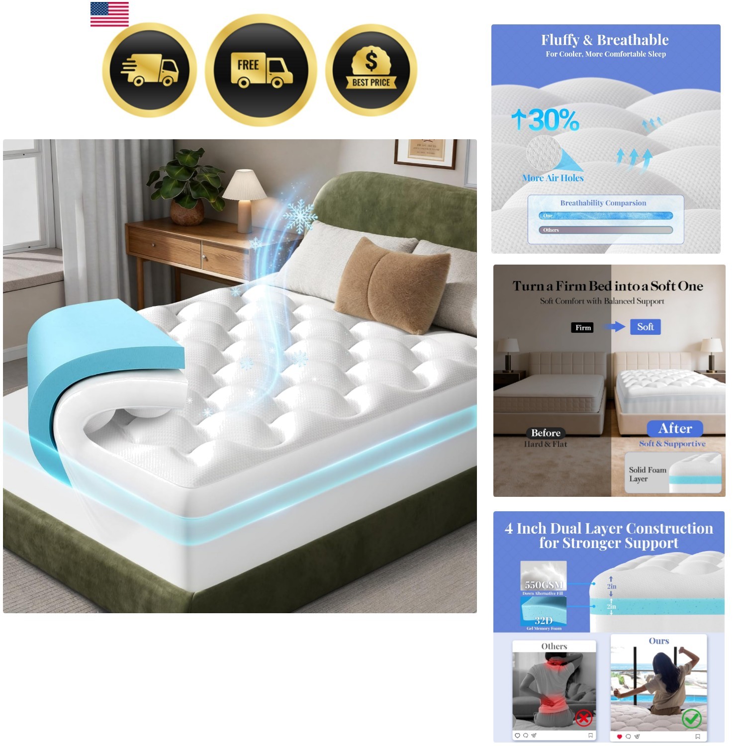 Cooling 4 lnch King Size Dual Layer Mattress Topper, 2 Inch Gel Memory Foam, ... gallery