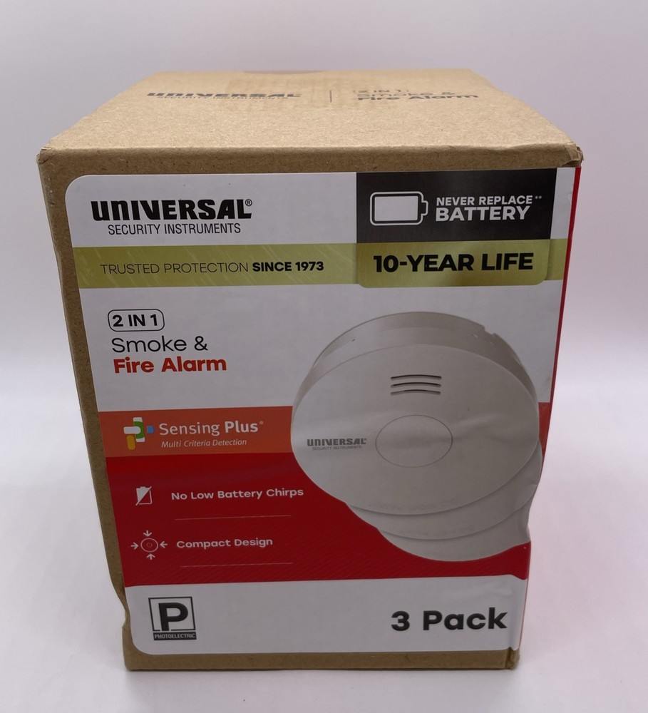3 Pack Universal Security Instruments 10-Year Smoke Fire Alarm *Missing 1 Plate*