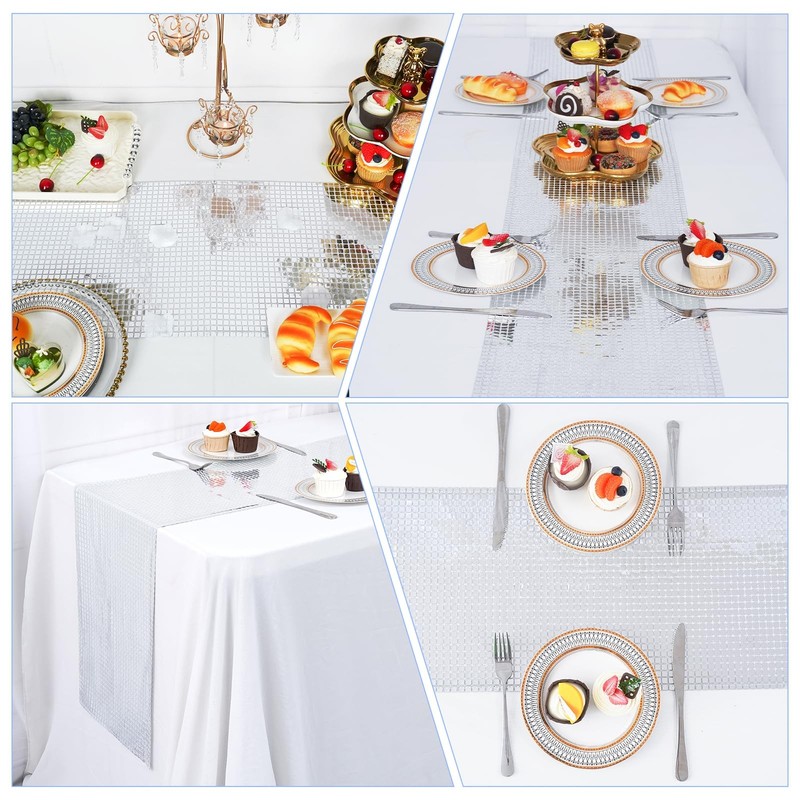 2 Pack 12x108 Inch Disco Table Runner, Silver Mirror Sequin, Glitter Foil gallery