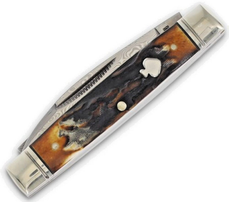 Cinnamon Stag Bone Handle Capitol Intern Damascus Blade Folding Pocket Knife gallery