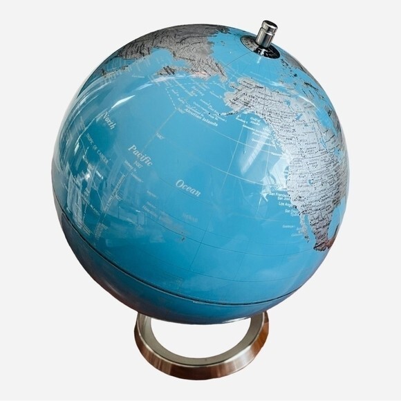 Modern World Globe Chrome Base Blue Silver Black Enamel 15.5” Home Office Decor gallery
