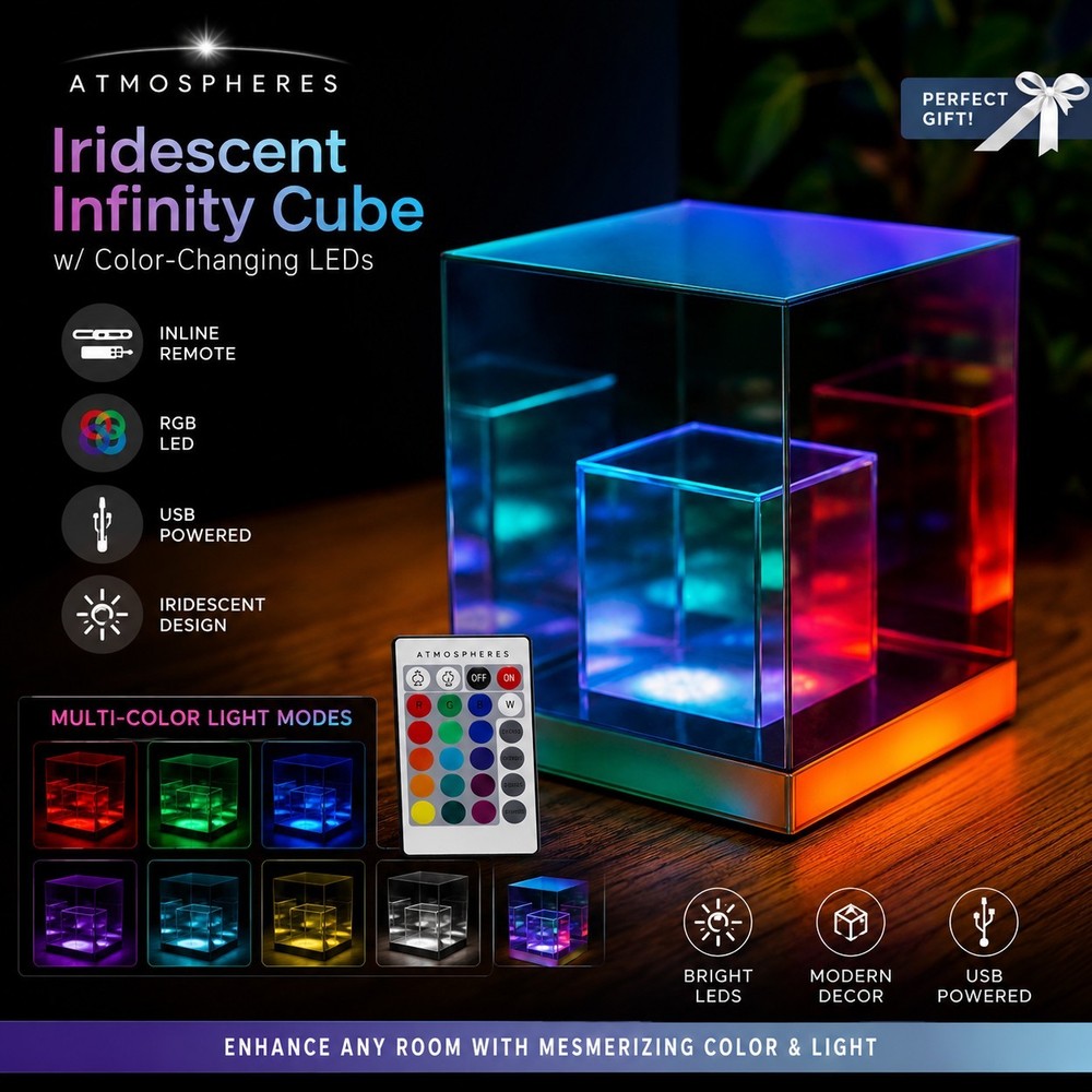 Iridescent Infinity Cube, Atmospheres LED Light Cube, Multi-Color, Remote, NEW