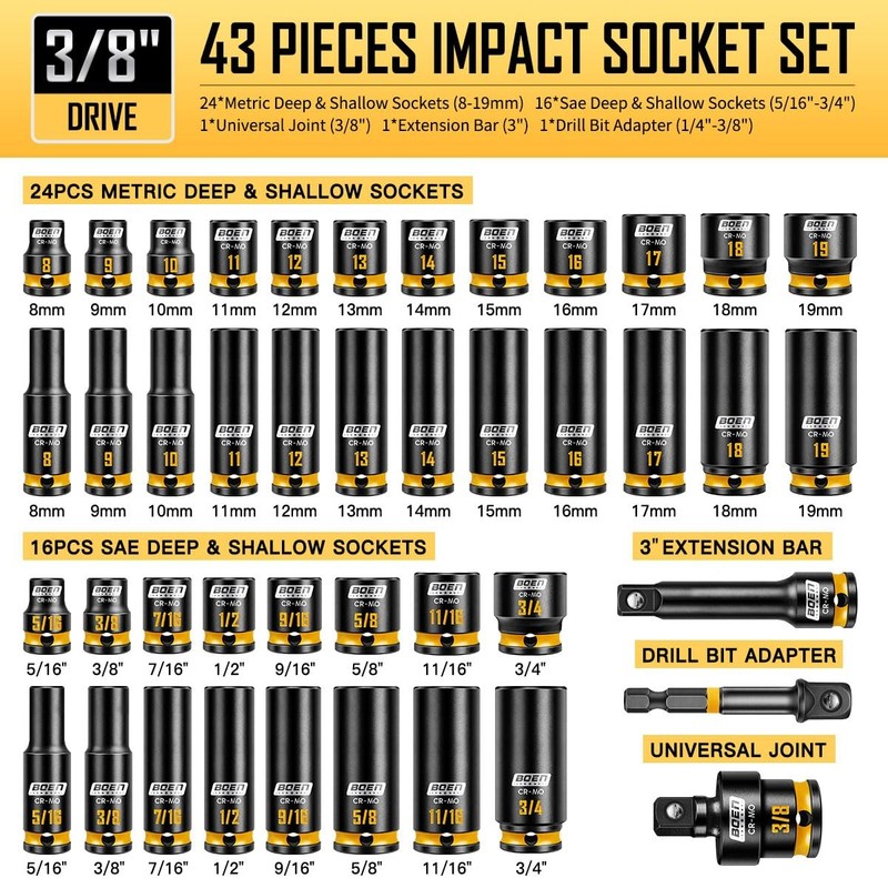 Pro 3/8" Drive Impact Socket Set, 43-Piece SAE(5/16"-3/4") & Metric(8-19mm) s... gallery