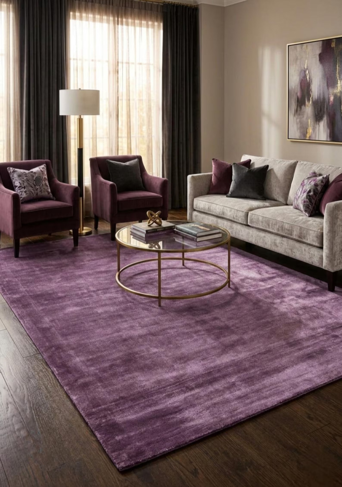 Purple Viscose Silk Rug, Solid Plum Area Rug, Soft Handmade Living Room Carpet gallery