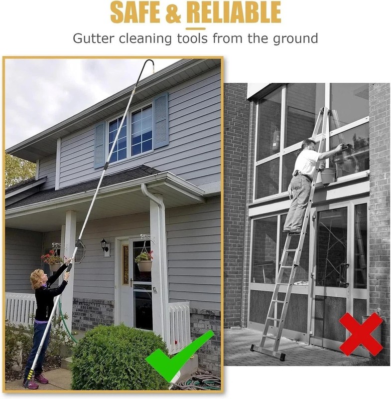 24FT Reach Gutter Cleaning Tools from The Ground, Telescopic Rain Gutter Cleaner gallery