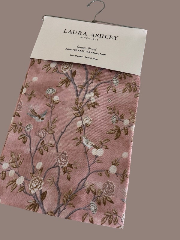 NIP Laura Ashley Window Curtains 2 Panels 38 x 84 Birds Rose Pink Brown Back Tab gallery