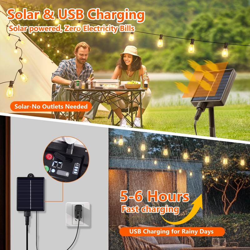 60FT Solar String Lights Outdoor Waterproof Patio w Remote Control 16 ST38 Bulbs gallery