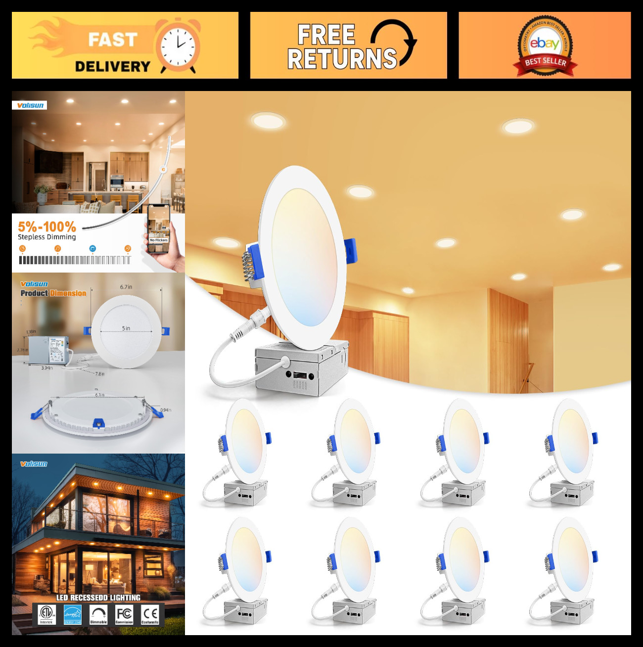 8 Pack 6" Dimmable LED Recessed Lighting, 5CCT 2700K-5000K, 1080LM Canless Downl gallery